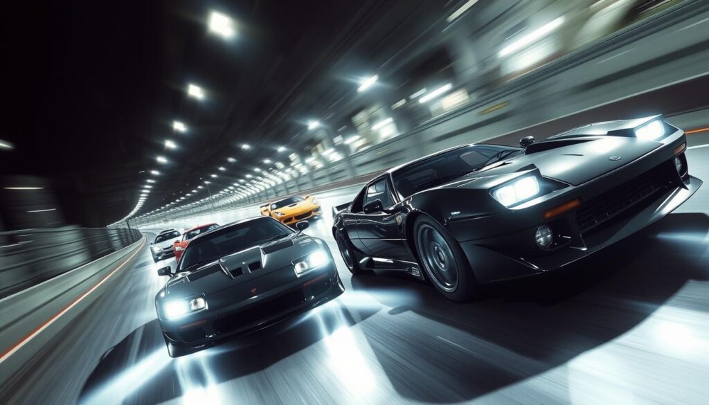 Imagem dos carros de corrida em alta velocidade no filme "Velozes e Furiosos 10"