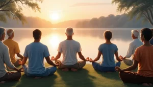 Pessoas meditando ao amanhecer à beira do lago.