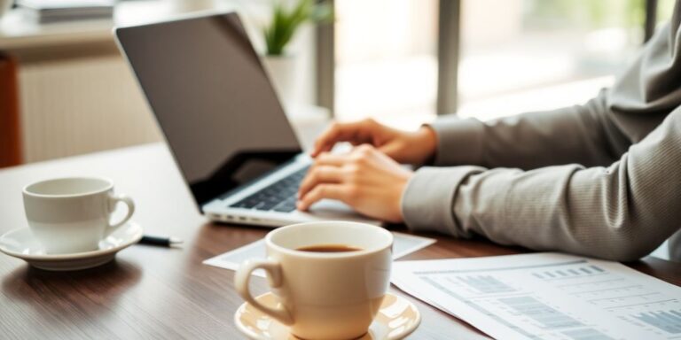Foto de um empresário com laptop e documentos financeiros.