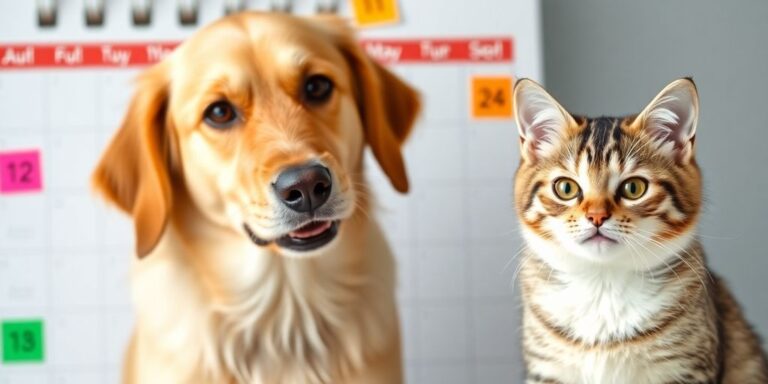 Cão e gato felizes com um calendário de vacinação.