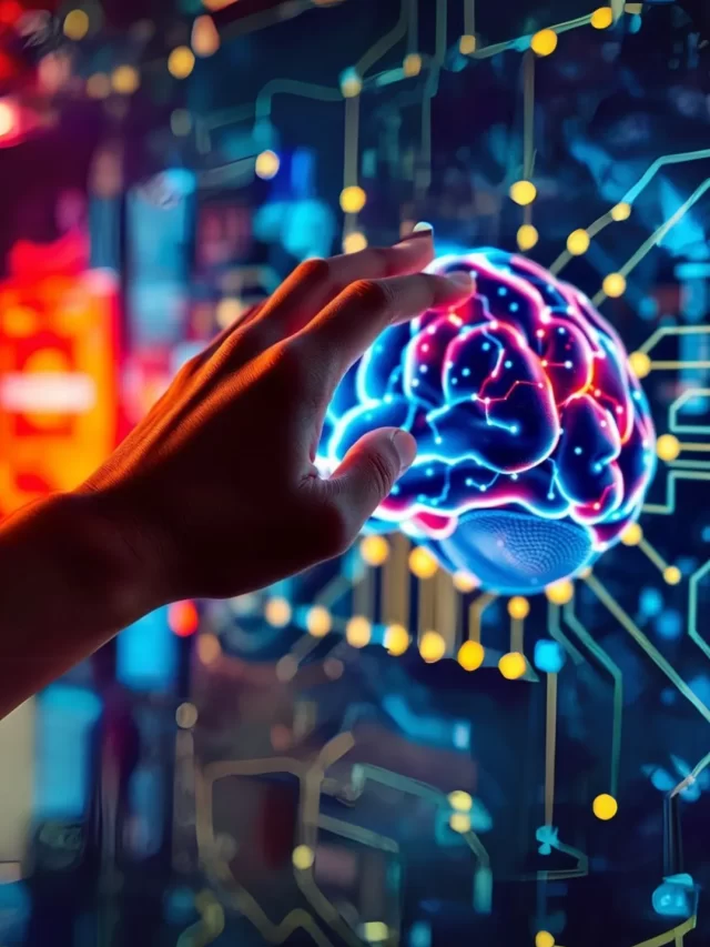 Imagem de mão interagindo com interface de cérebro digital.