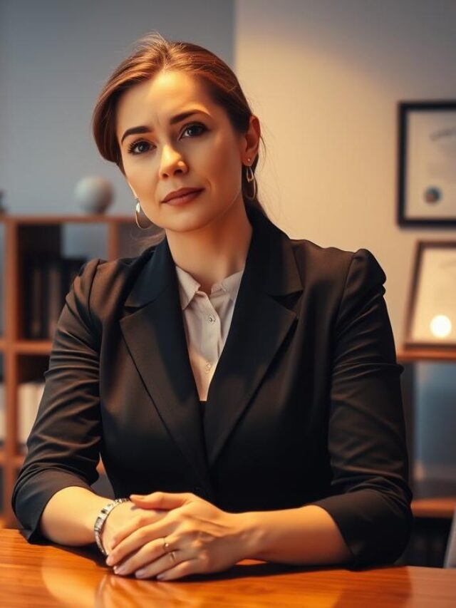 A professional woman standing in a modern office, her hands resting on a desk as she reflects on her career journey. The scene is bathed in warm, soft lighting, with a blurred city skyline visible through the window. Bookshelf and framed certificates can be seen in the background, symbolizing her hard-earned experience and skills. Her expression is pensive, conveying a sense of pride and accomplishment. The overall atmosphere is one of contemplation and the weight of her professional experiences.