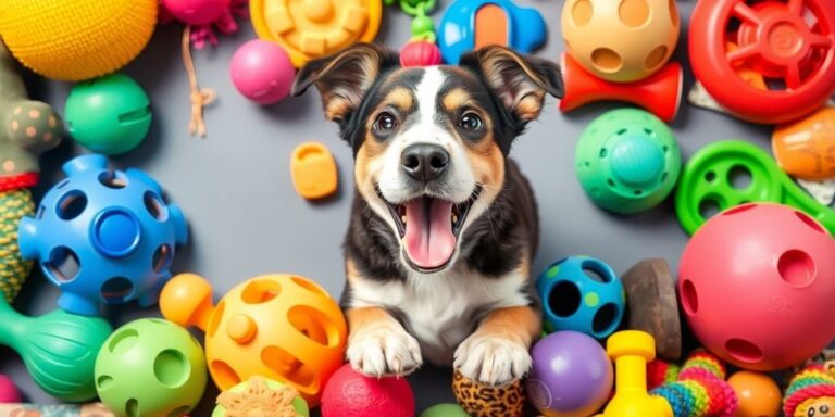 Cão brincando com brinquedos coloridos e interativos.