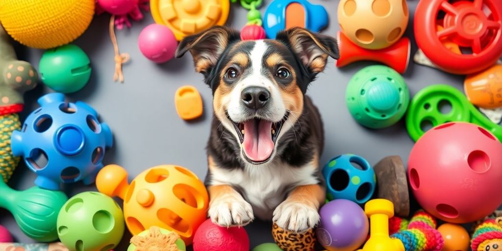 Cão brincando com brinquedos coloridos e interativos.